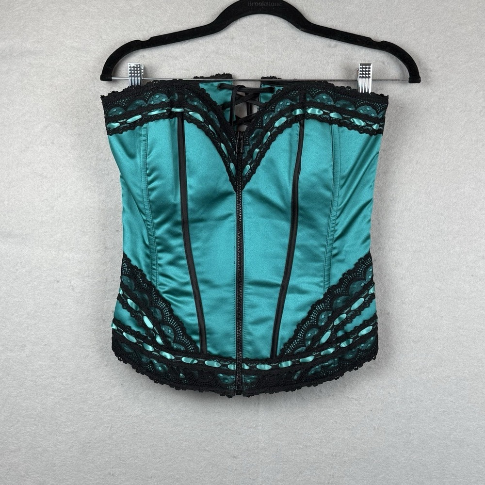 Shirley of Hollywood Green & Black Satin Lace And Zip Corset Top Sz 36